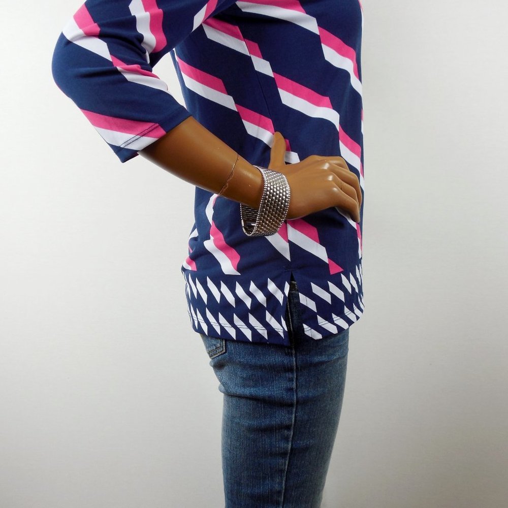 CHICO'S Top S Sz 0 Navy/Pink Stretch Blouse Lightweight 3/4 Sleeve Shirt - Picture 5 of 9